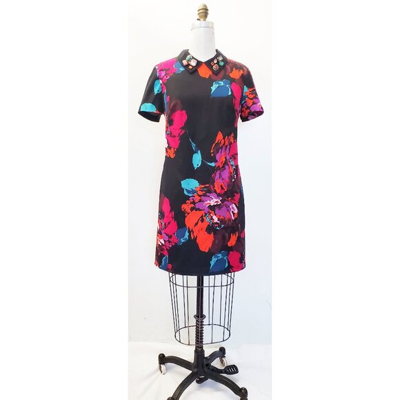 Trina Turk Womens Black Bright Floral Print Jeweled Collar Shift Dress 10 - Picture 2 of 11